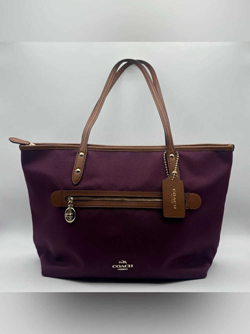 Coach Sawyer Plum Canvas & Leather Tote Bag Gold Hardware Charm F37237 G9075 - Picture 1 of 16
